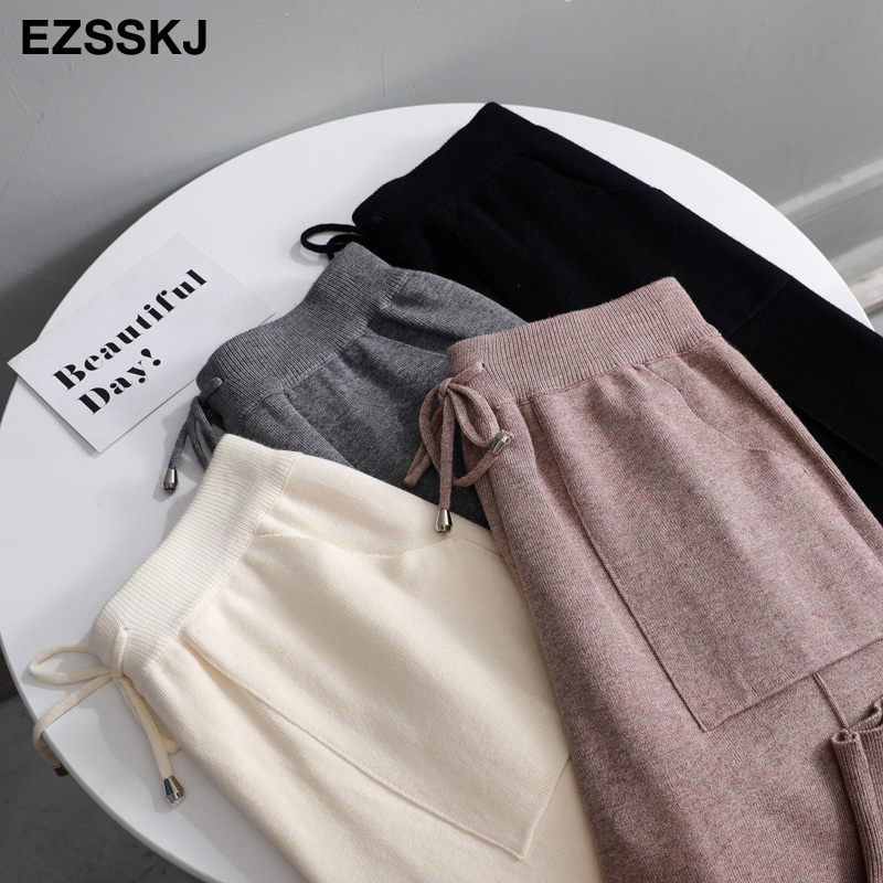 Harem winter Drawstring chic autumn Women Loose female Knitted knit Trousers With Pockets Radish Pants T200324