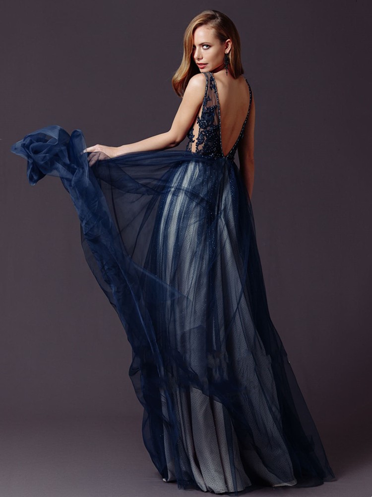 Elegant Navy Blue Prom Dresses With Pearl Lace V Neck Spaghetti Strap Backless Tulle Formal Party Gown Evening Dress Custom Made Vestidos De Fiesta ro