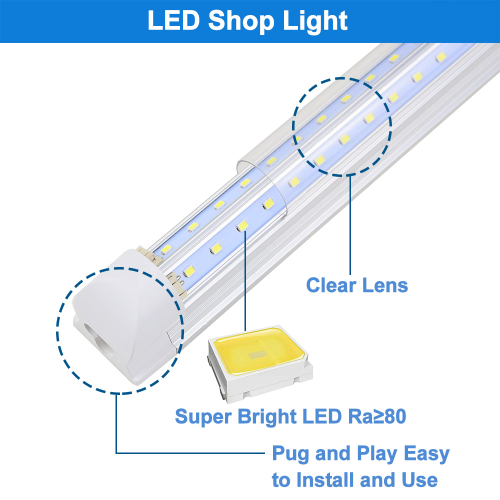 LED Shop Light 8FT Tube Lights 6500K Cold White V Shape Clear Cover Hight Output Linkable Shops Lights for Garage
