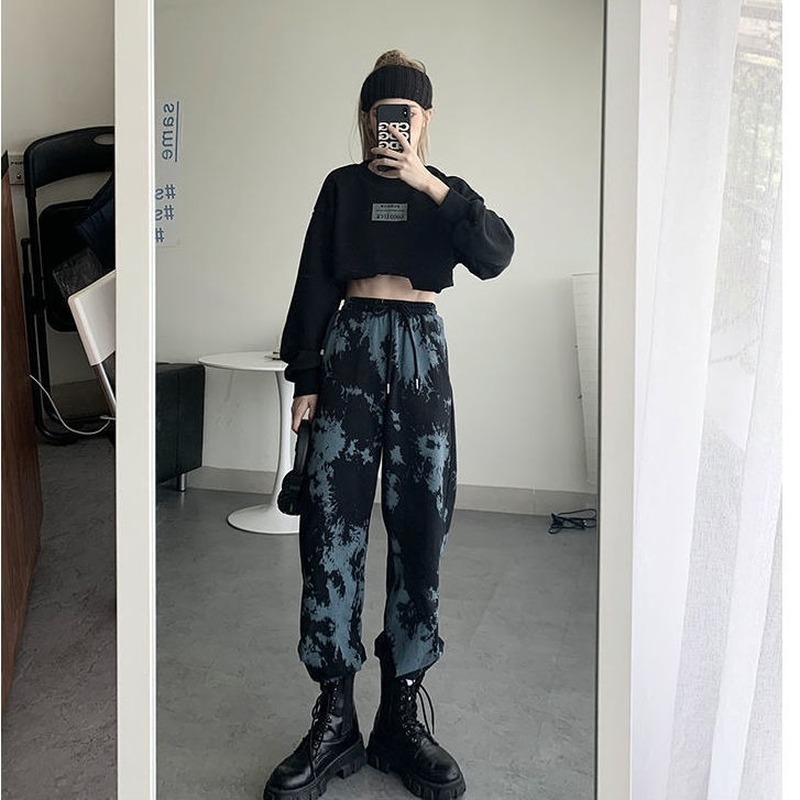 QWEEK Tie Dye Sports Pants for Women Harajuku Goth Pants Baggy Joggers Winter Loose Trousers White Pants on Fleece Plus Size 201228