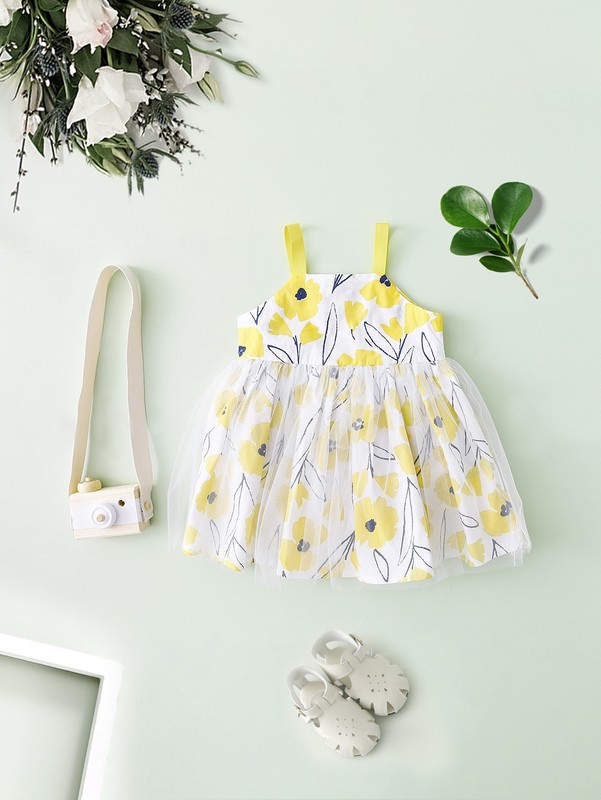 Toddler Girls Floral Contrast Mesh Cami Dress SHE