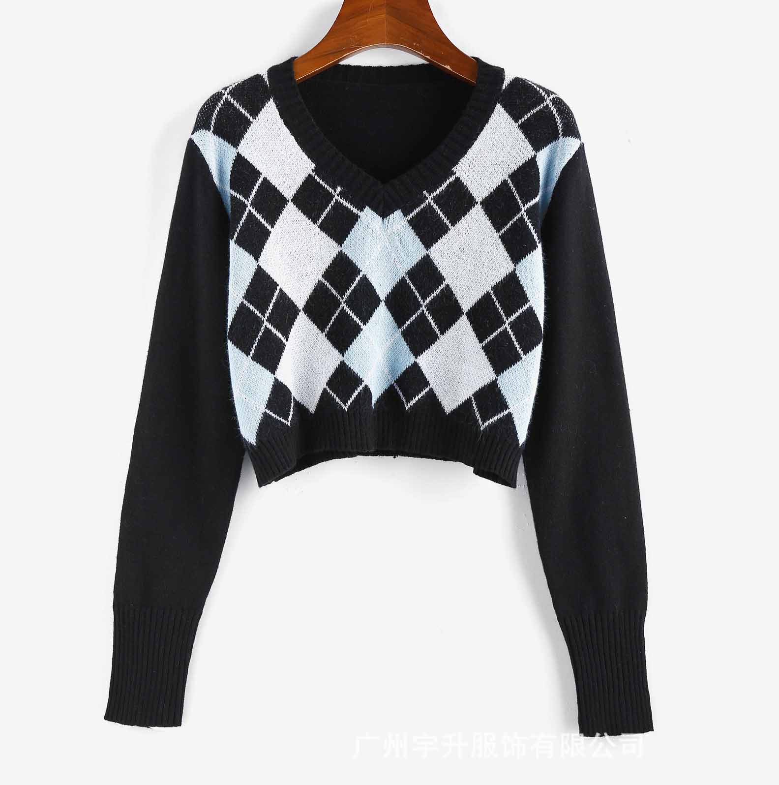 women fashion sweater women cute argyle v neck crop sweaters popular streetwear blue pink khaki colors size s l xl, White;black
women fashion sweater women cute argyle v neck crop sweaters popular streetwear blue pink khaki colors size s l xl, White;black