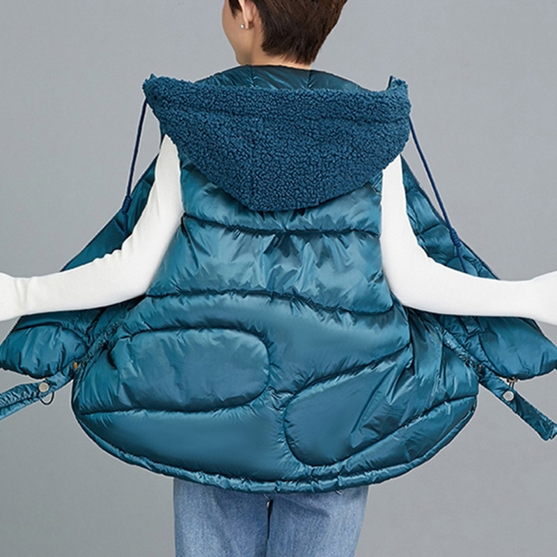Women hooded vest jacket Autumn Winter casual padded warm Lamb wool hat solid sleeveless waistcoat jacket 201211