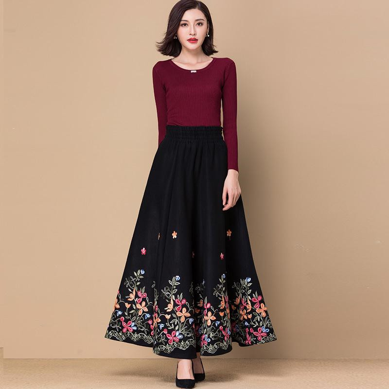 Elegant Maxi Skirt: Black Ral Embroidered High Waist Woolen Skirt For Women's Casual Or Office Wear
