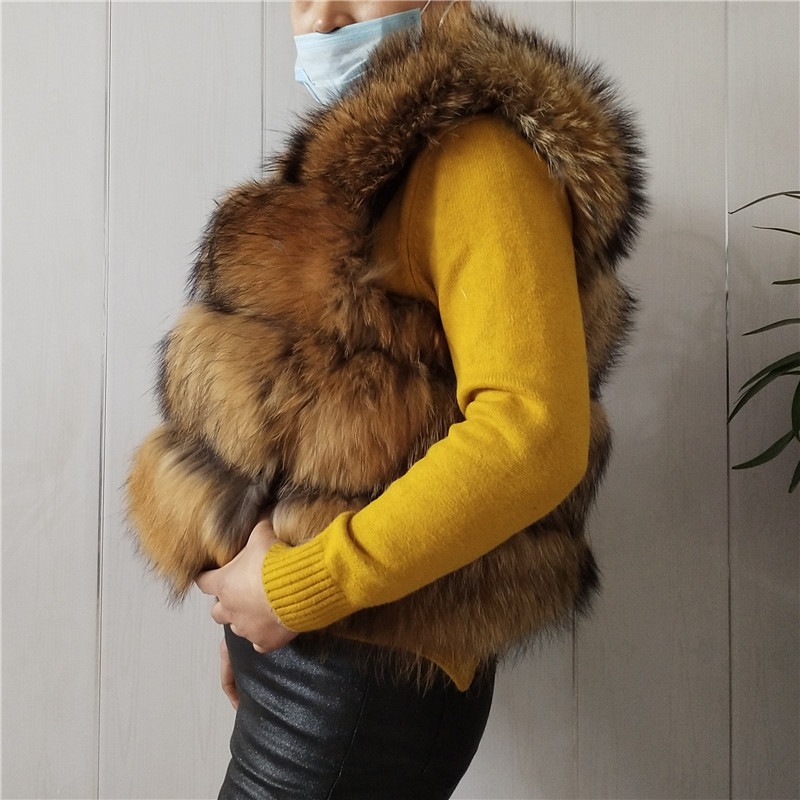Winter Women Real Natural Raccoon Silver Fox Fur Detachable Sleeve Coat Length 50 cm 201103