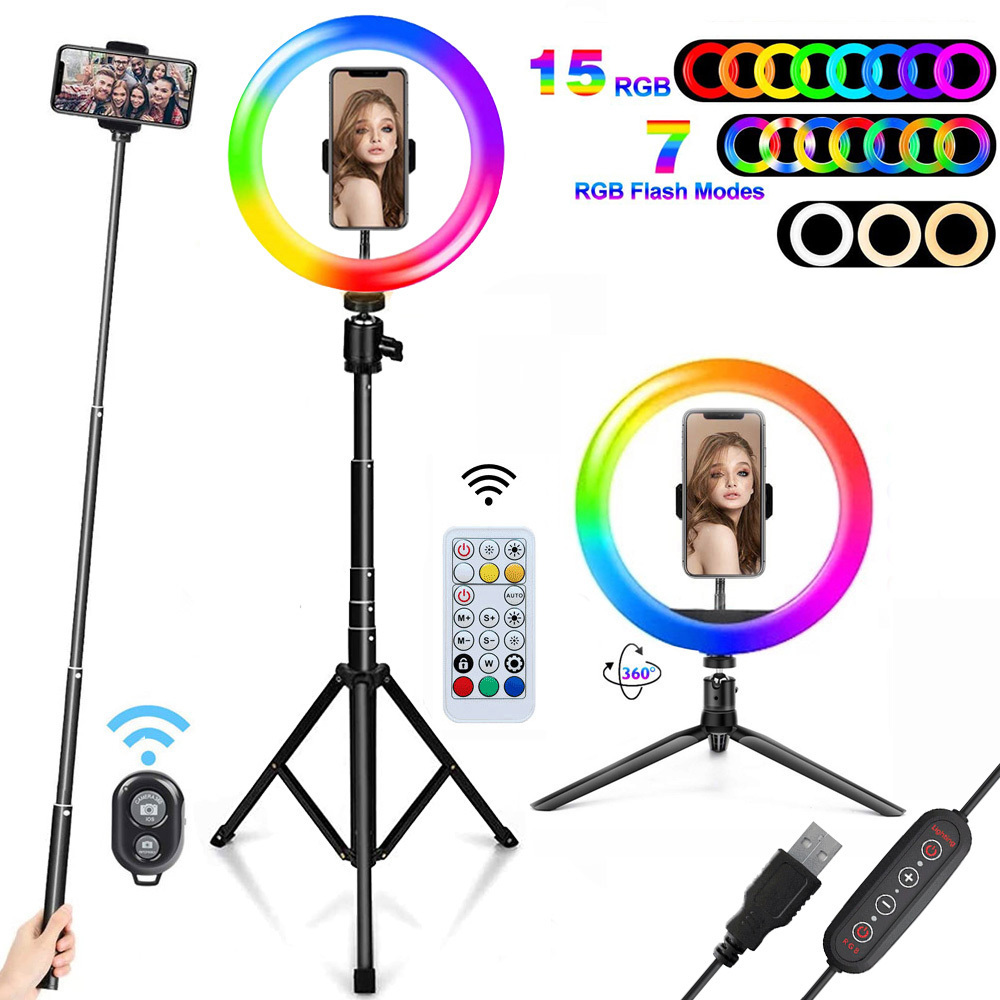HANTOPER 10 inch RGB Ring Light With Tripod for Live Stream Makeup Camera Led Lamp Ringlight for YouTube Video Photography Q0109
HANTOPER 10 inch RGB Ring Light With Tripod for Live Stream Makeup Camera Led Lamp Ringlight for YouTube Video Photography Q0109