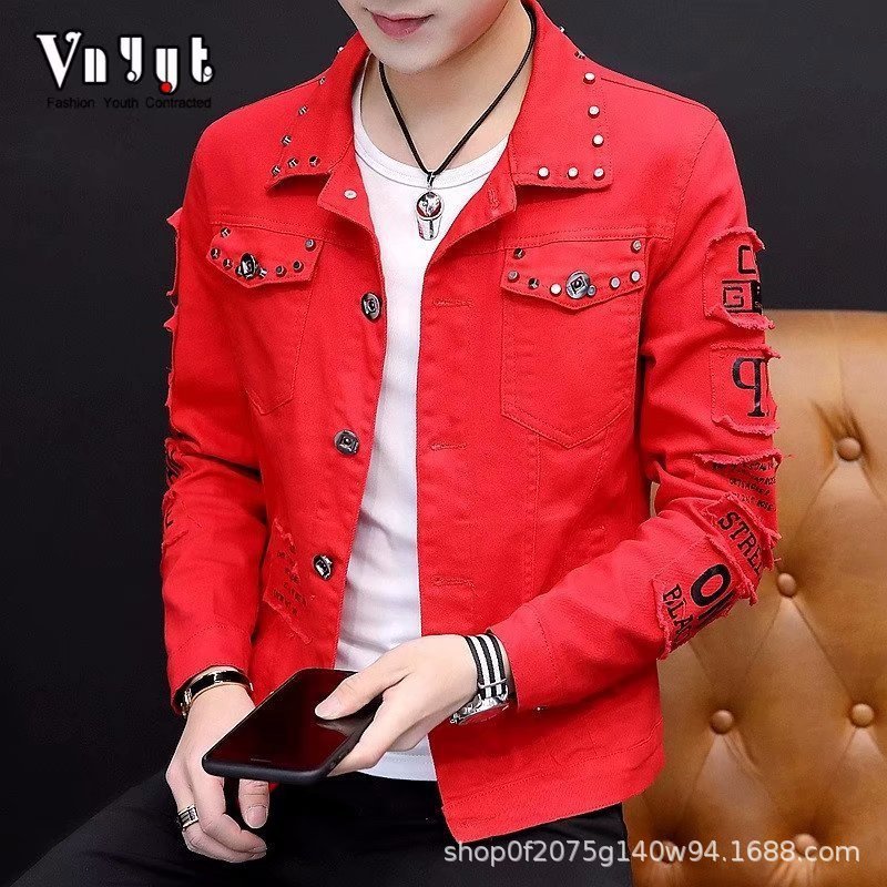 New denim jacket Korean teenagers Cotton yellowblackredwhite students men spring autumn River hole youth dress coat 201116