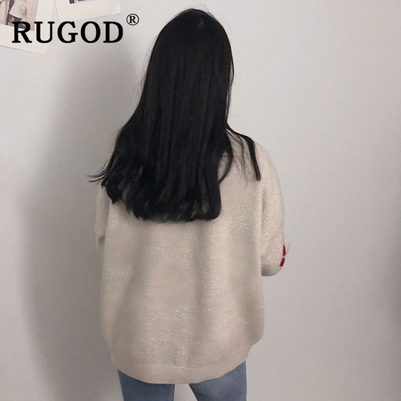 RUGOD Elegant pearl beading knitted cardigan women Fashion singlebreasted cherry printed loose cardigan Korean oversized coat T200113