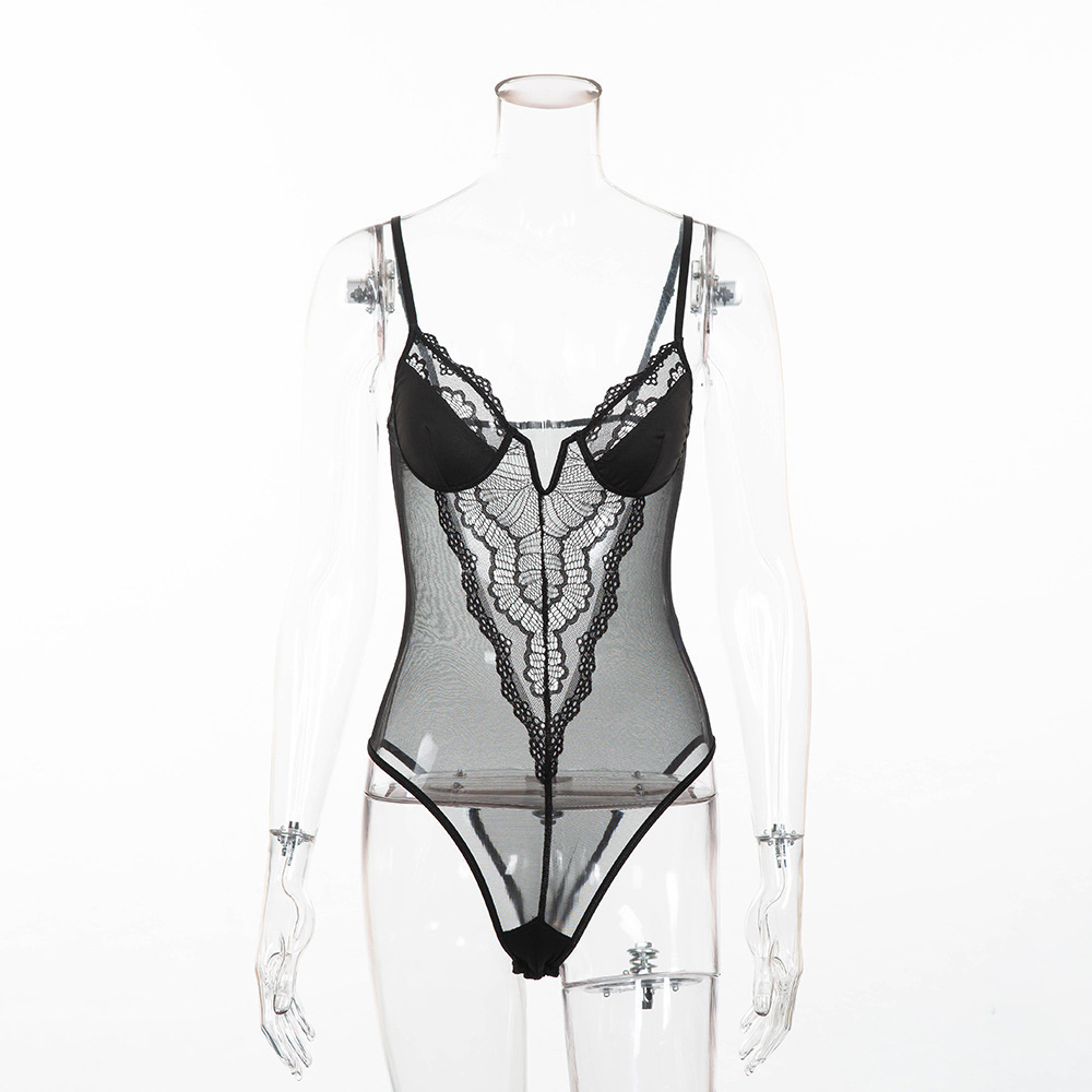 Cryptographic deep V fashion lace sexy bodysuit women patchwork mesh transparent female jumpsuit slim body mujer hot catsuit T200116