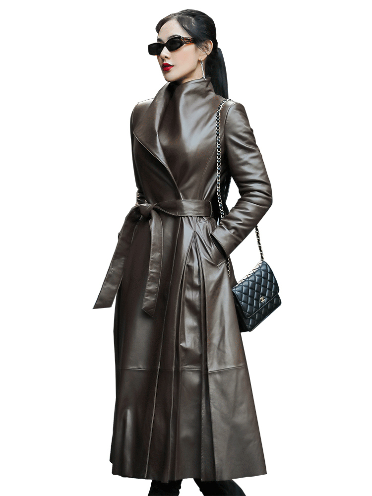 Nerazzurri Autumn long leather trench coat for women belt long sleeve skirted faux leather coat women plus size fashion 2020 LJ201127