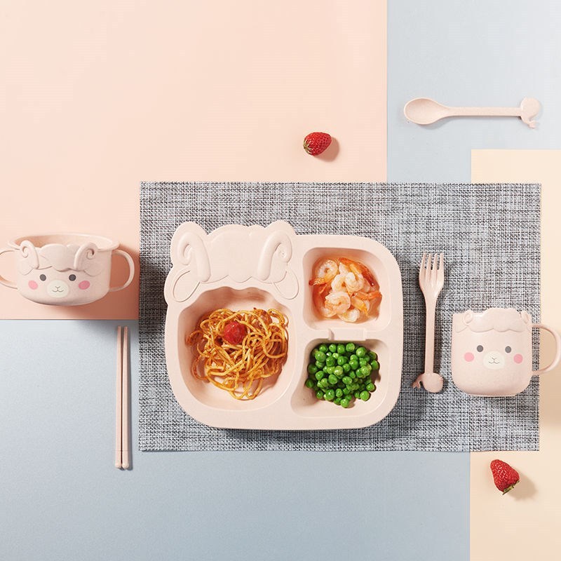 / Set Baby Cartoon Dinosaur Tableware Children's Dinnerware Set Home Anti-hot Wheat Straw Training Plate Kids Feeding Dishes LJ201221