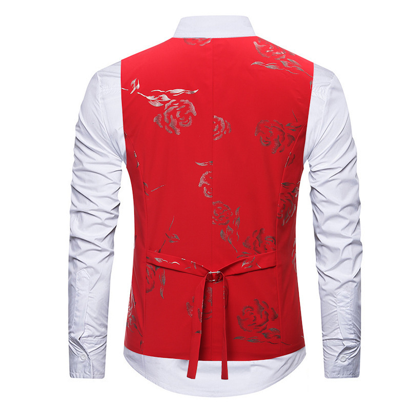 Red Bronzing Rose Floral Print Men Vest Wedding Party Prom Vests for Men Bridegroom Groomsmen Mens Waistcoat Gilet Male 201106
