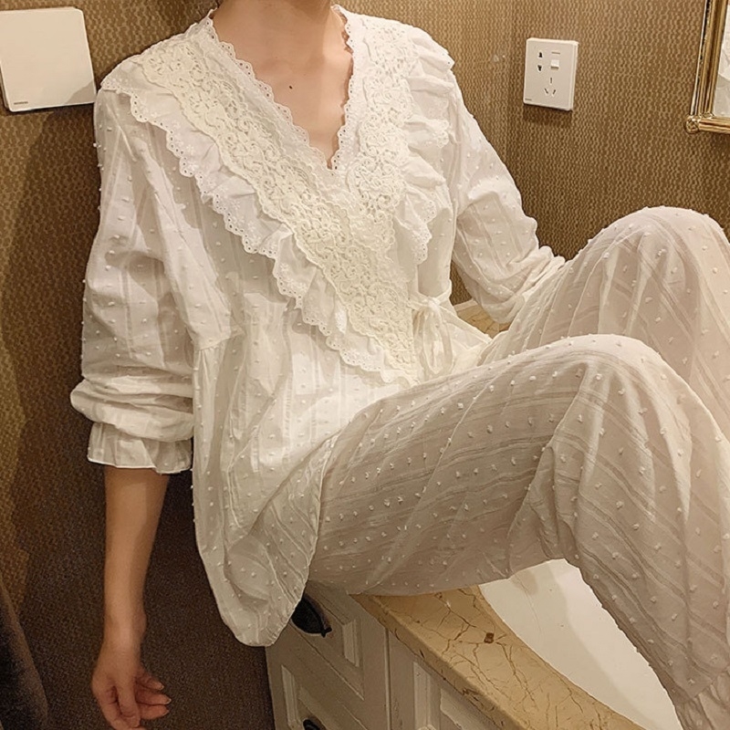 Spring Autumn Cotton V-neck Cardigan Women's Pajamas Sets Sweet Female Long Sleeve Kimono Pyjamas Loose Sleepwear Suits 201027