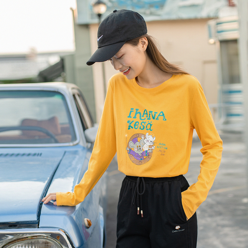 INMAN Autumn New Arrival Round Neck Cute Little Mouse Long Sleeve Concise Style Base Top T-shirt 201028