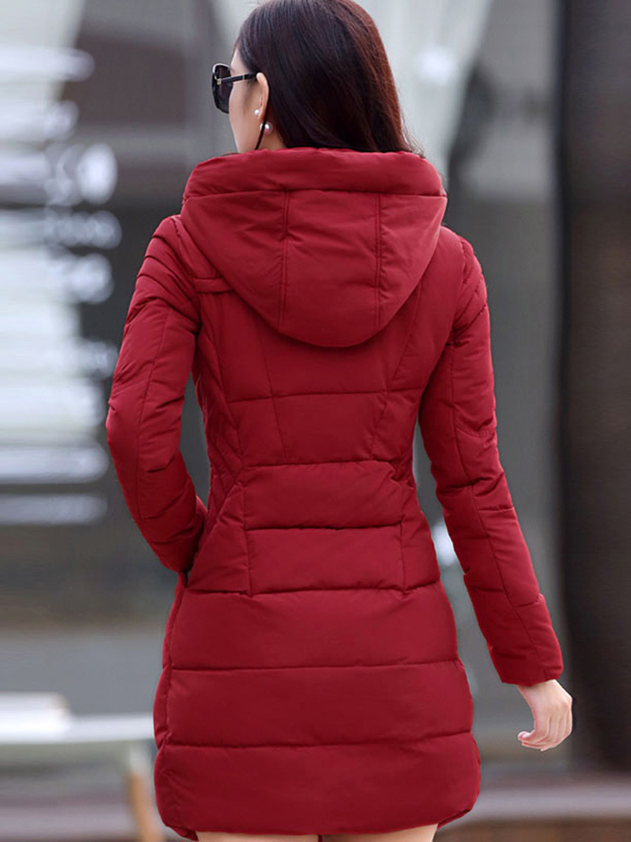 Women Casual Coat Winter Carnival Black Plain Hooded Pleated Long Sleeve Burgundy Button Pocket Slim 2xl Women Fashion Coat 201127