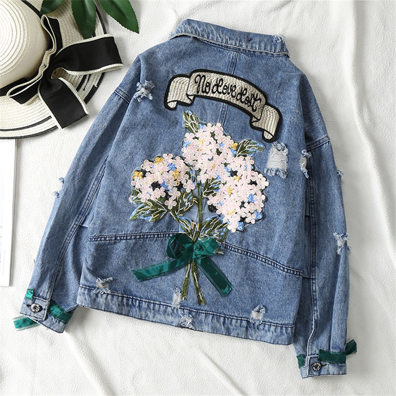ZQLZ Autumn Women Denim Jacket Bomber Appliques Vintage Elegant Outwear Autumn Hole Female Jacket Coat Casual Jeans Tops 201109