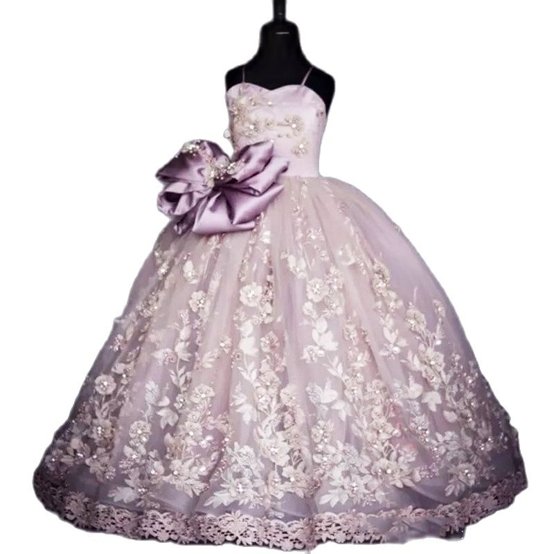 Beauty Pageant Gowns For Girls Flower Girl Dresses Ball Gown 3D Lace Appliques Communion Dresses Robe with Big Bow