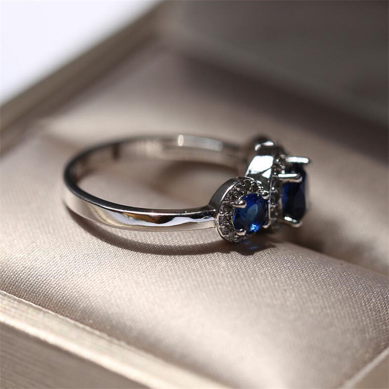 Sterg Sier Three Stone Blue Sapphire CZ Dia Wedding Engagement Ring for Women