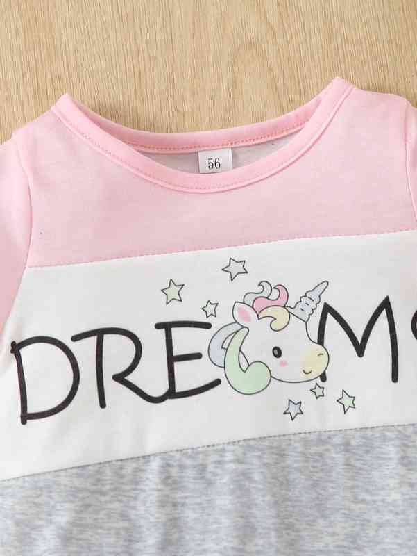 Baby Letter & Unicorn Print Colorblock Romper SHE