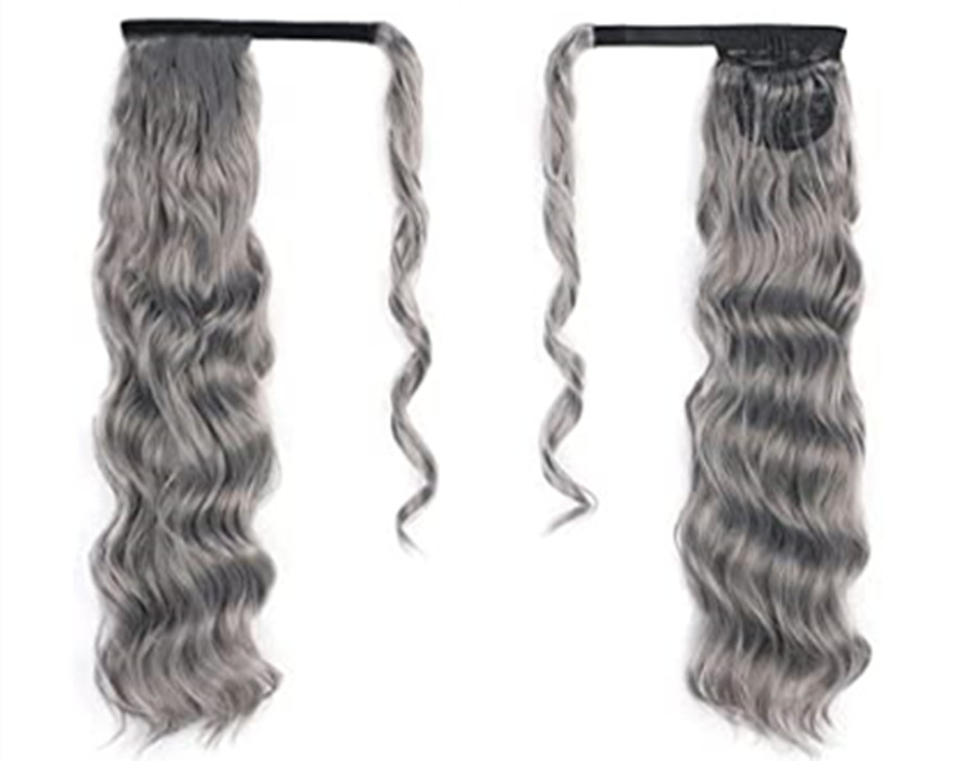 wavy curly grey human hair extension salt and pepper elastic drawstring ponytail hairpiece gray pony tail natural highlights well blend 140g 18inch