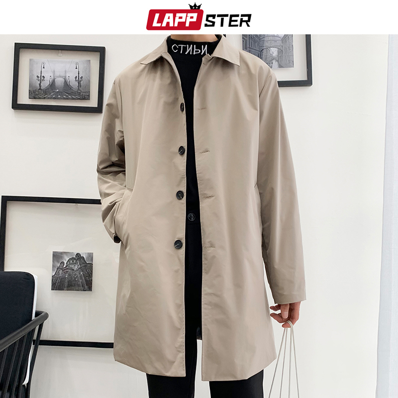 LAPPSTER Oversize Men Streetwear Trench Coat Autumn Mens Hip Hop Harajuku Long Jackets Coats Vintage Male Black Windbreaker 201128