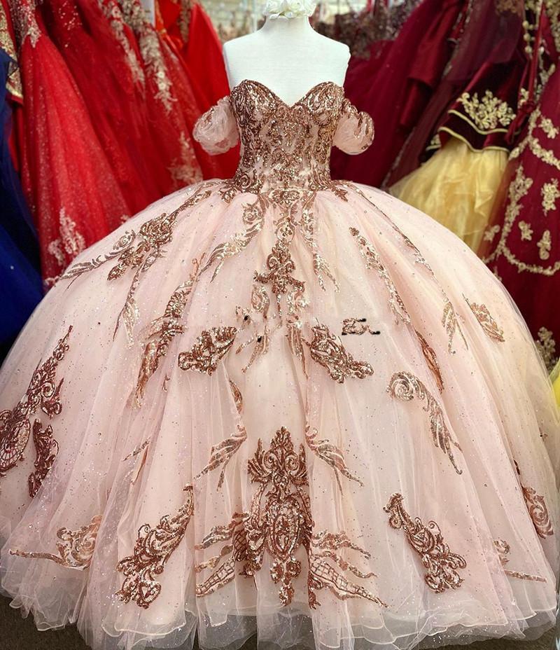 Charro rose Pink Quinceanera Dresses Off the Shoulder Sequins Lace Appliques Ball Gown Prom Dress Corset Back Sweet 16 Gowns Vestidos De Xv Años