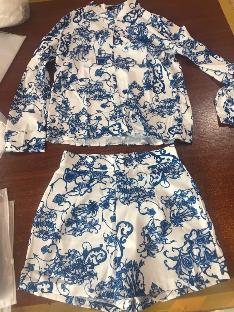 DEAT Autumn Fashion Casual Sashes Slim Blue Button Printed Long Sleeve Shirt Shorts Two Piece Set Women Outfits SE706 201119