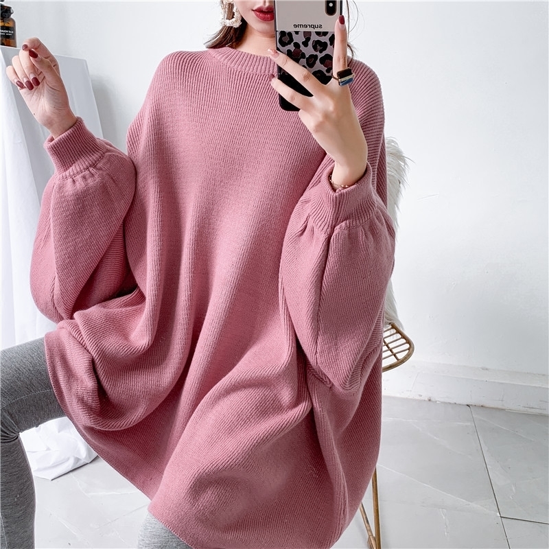 LANMREM autumn New Fashion Solid Color Round Neck Pullover Bat Sleeve Large Size Long Knit Sweater Women PB615 201030wtt