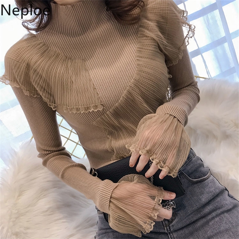 Neploe Fall Women Lace Patchwork Ruffles Sweaters New Korean Clothes Half Turtleneck Slim Fit Knit Pullovers Sweet Sueter 201204, Black
Neploe Fall Women Lace Patchwork Ruffles Sweaters New Korean Clothes Half Turtleneck Slim Fit Knit Pullovers Sweet Sueter 201204, Black
