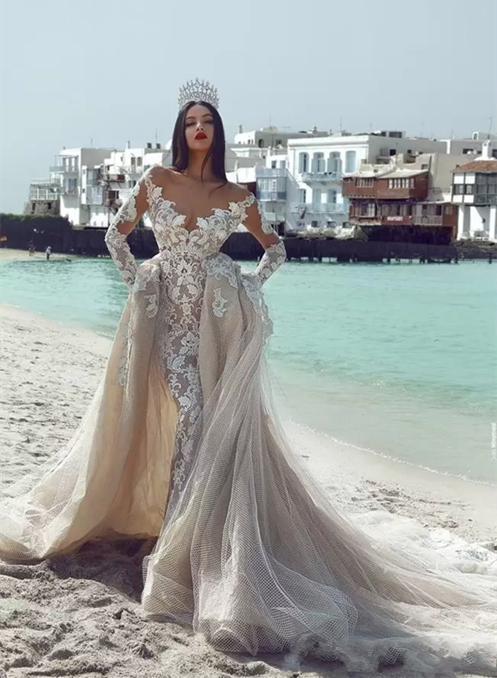Vintage Mhamad Champagne Boho Beach Wedding Dress With Detachable Overskirts Lace Appliques Mermaid Bridal Gowns V Neck Summer Bride Wedding Dresses