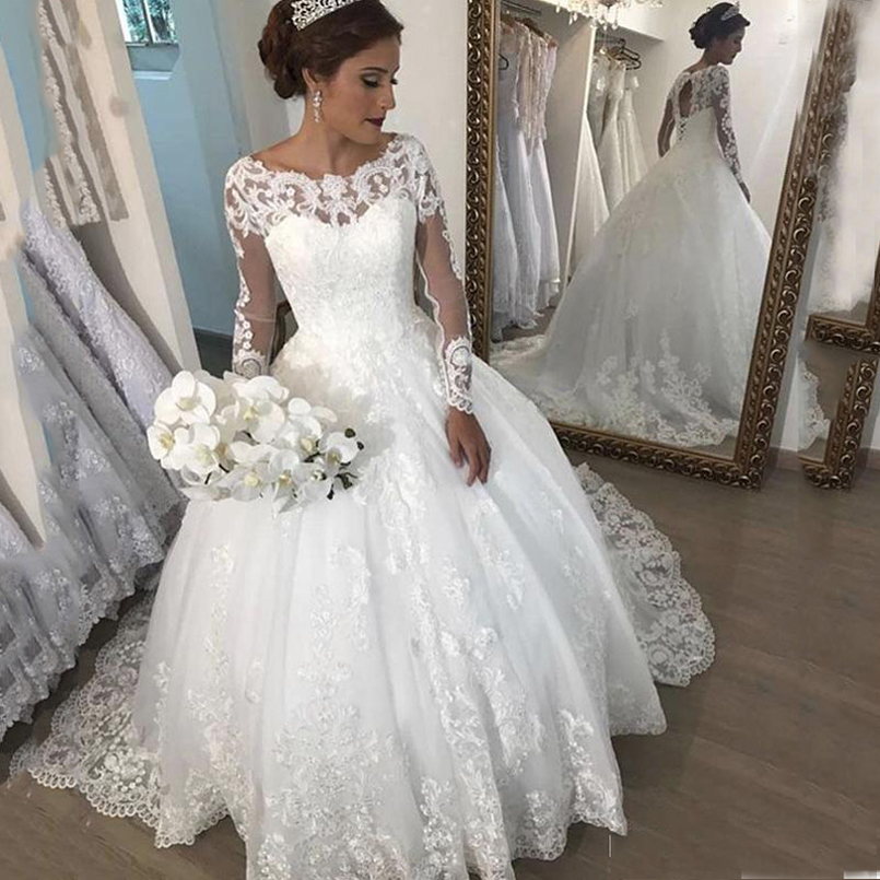 Custom Made Long Sleeves Lace Ball Gown Wedding Dresses with Appliques Jewel Neck Sweep Train Plus Size Bridal Gowns, Black
Custom Made Long Sleeves Lace Ball Gown Wedding Dresses with Appliques Jewel Neck Sweep Train Plus Size Bridal Gowns, Black