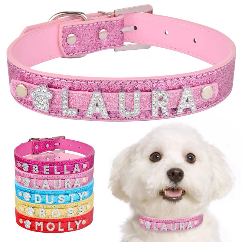 PU Leather Custom Dog Collars with Rhie Personalized Name Letters Diamante Jewelry Gems DIY Pet Tag Croco Collar Charms for Small Medium Dogs Large Ca