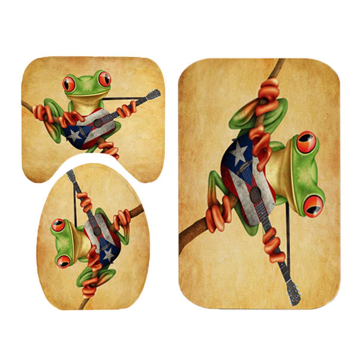 Animals Frogs Playing Guitar Shower Curtain Waterproof Bathroom Curtains Rug Lid Toilet Cover Polyester Bath Mat Set Home Decor T200711