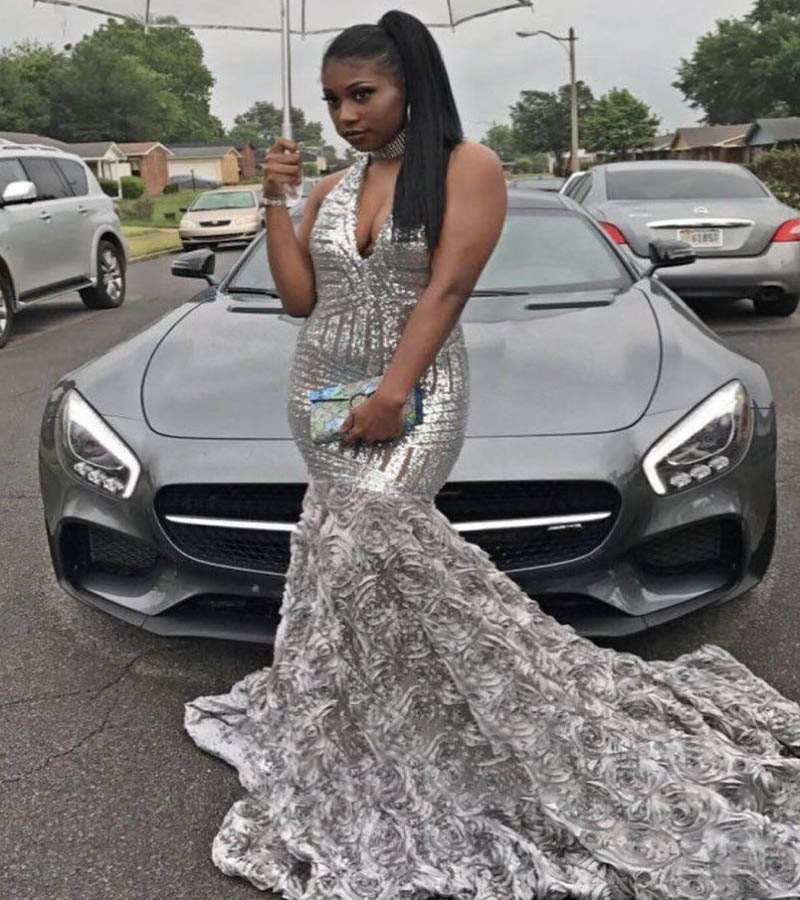 V Neck Silver Sequin Prom Dress Aso Ebi For Black Girls 2022 Sparkle Rose Florals Bottom Evening Gowns For Formal Party Wear Plus Size Trumpet Occasio