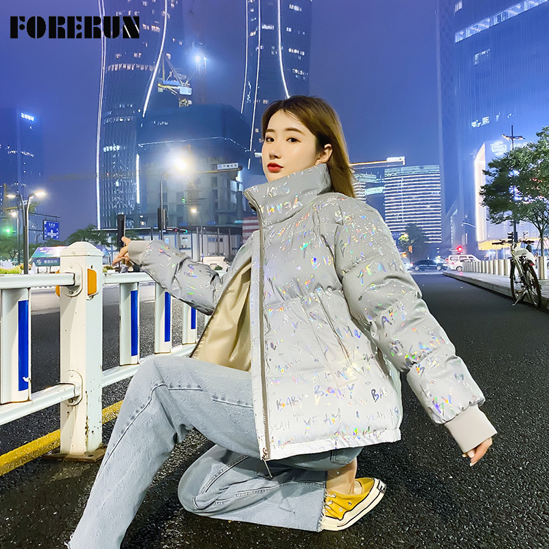 FORERUN Parka Jacket Women Winter Reflective Bubble Coat Standard Collar Letter Printed No Wash Cotton Padding Puffer Jackets 201130