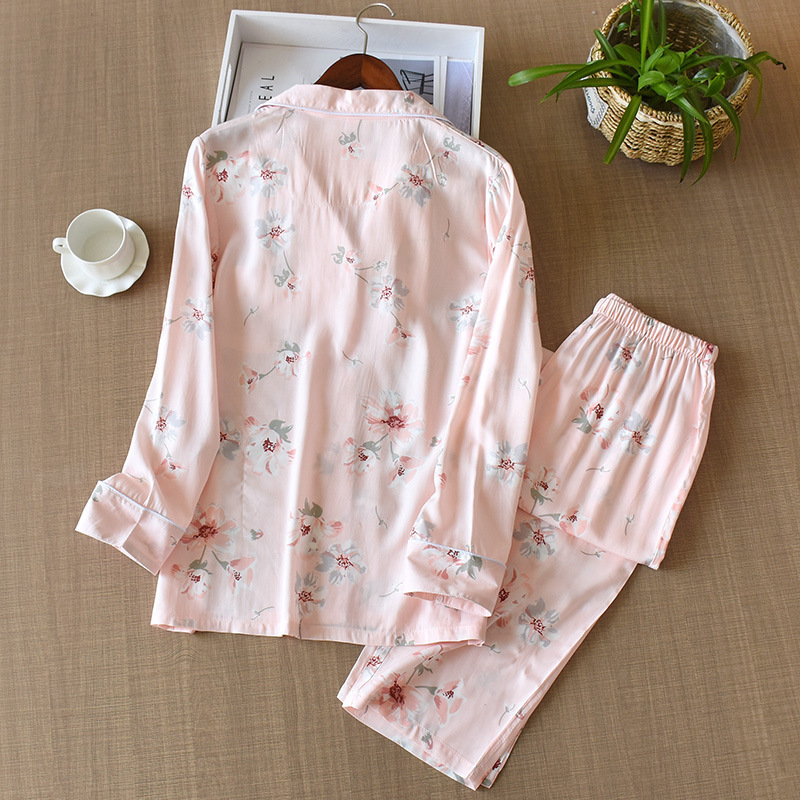 Women's Summer Cotton Longsleeved Trousers Night Suit Fresh Big Flower Sleepwear Cotton Comfortable and Breathable Pajamas Suit T200429