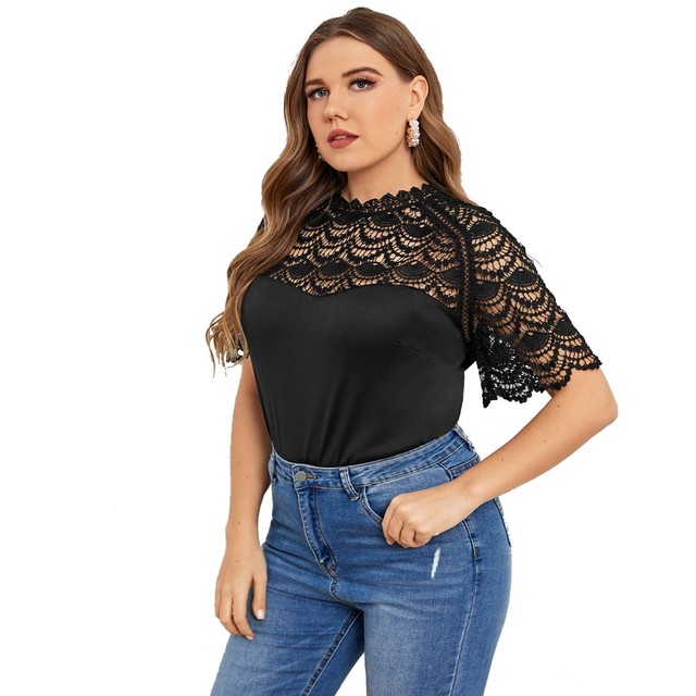 Plus Size T-Shirt Sexy Stitching T Shirts Women's Round Neck Shirt, Black