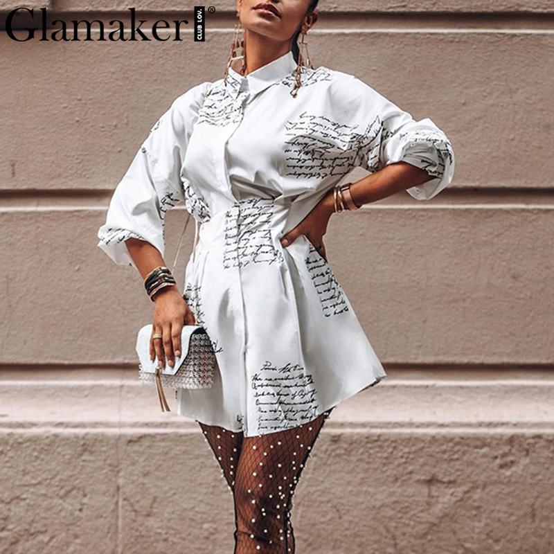 Glamaker Letter Print Sexy Mini Short Shirt Dress Women White Long Sleeve Party Club Summer Elegant Bodycon T200319 B4
