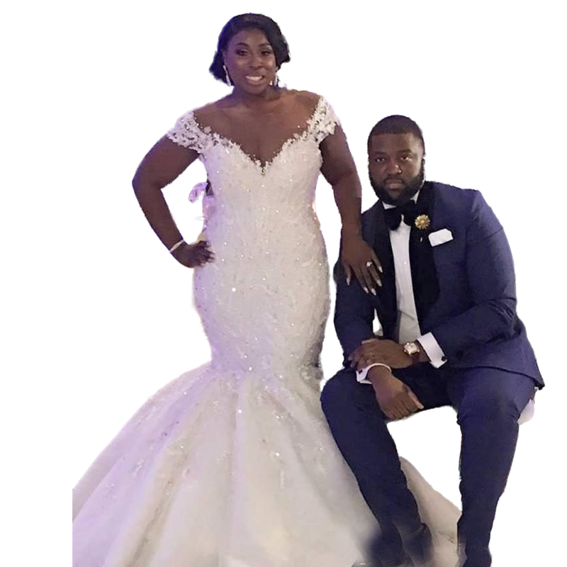 Luxury African Crystals Beaded Wedding Dress Sheer Nude Scoop Neck Short Sleeve Lace Mermaid Bridal Gowns Long Train Plus Size Wedding Dresses 2022
