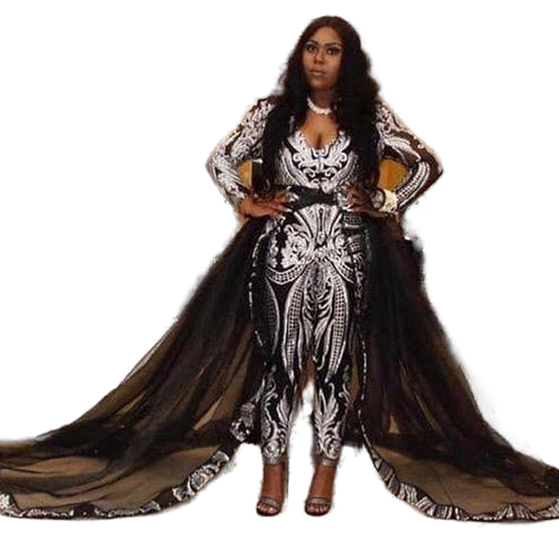 Chic Black Girls Jumpsuits Prom Dresses With Silver Sequins Lace Appliques Deep V-neck Long Sleeve Sexy Formal Evening Gowns Pageant Dress Black And W