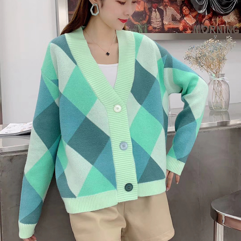 V Neck Knit Oversize Female Cardigan Winter Argyle Single-Breasted Women's Sweater coat Autumn Loose Knit Cardigan Jacket 201031