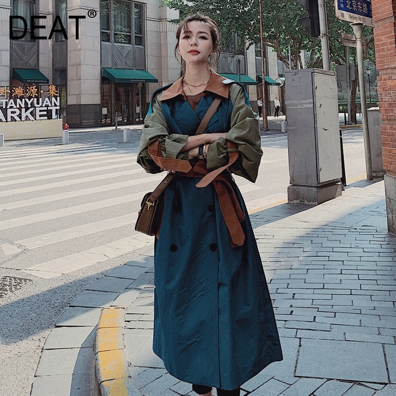 [DEAT] New Autumn Fashion Women Trench Coat Hit Color Patchwork Full Sleeve Lapel Collar Casual Loose Wild With Belt TX881 201102