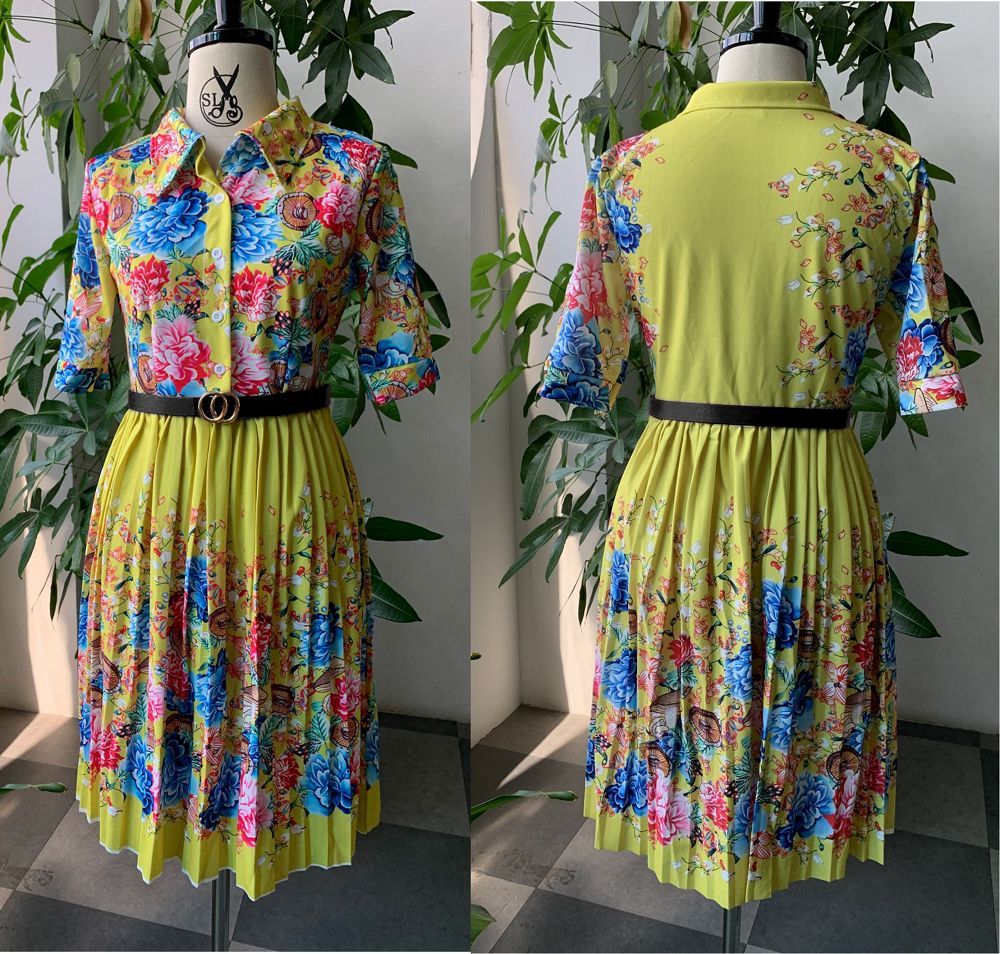 Yellow Floral Printed Vintage Pleated Elegant Office Lady Work Wear Women Autumn Winter Long Sleeve Shirt Dress Plus Size 201028