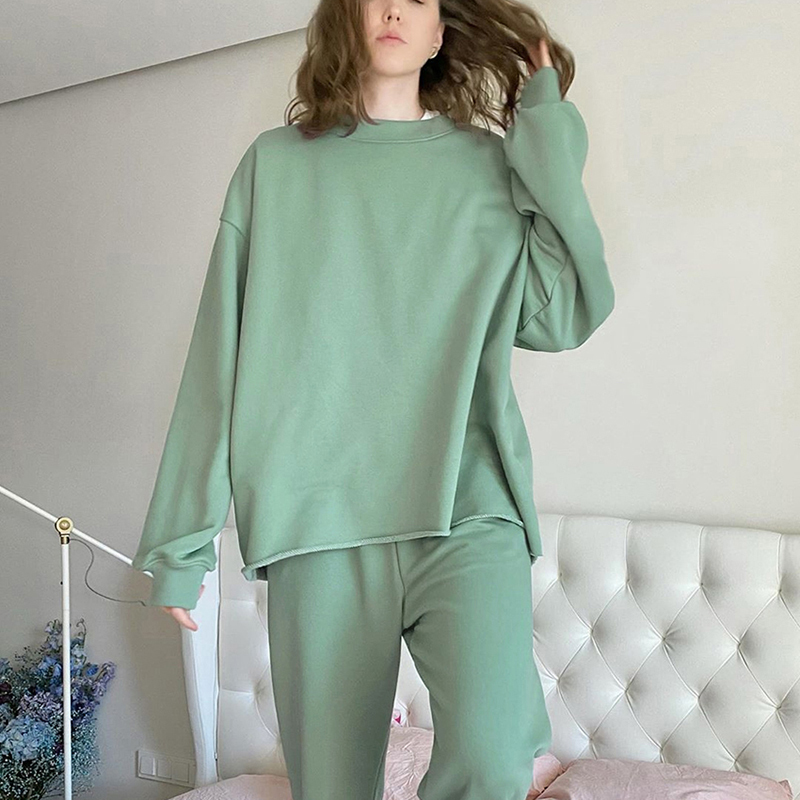 Casual 2 Piece Set Women Solid White Sweatshirt Suit Long Sleeve Hoodies Pullovers Elastic Waist Full Length Pants Set 201119