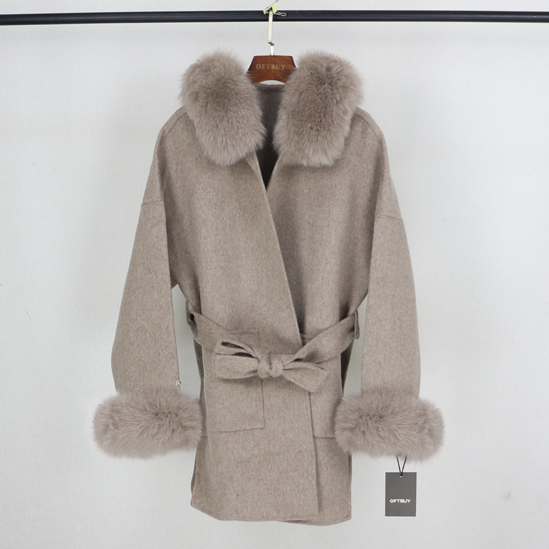 OFTBUY Real Fur Coat Winter Jacket Women Natural Fox Fur Collar Cuffs Hood Cashmere Wool Woolen Oversize Ladies Outerwear 201222