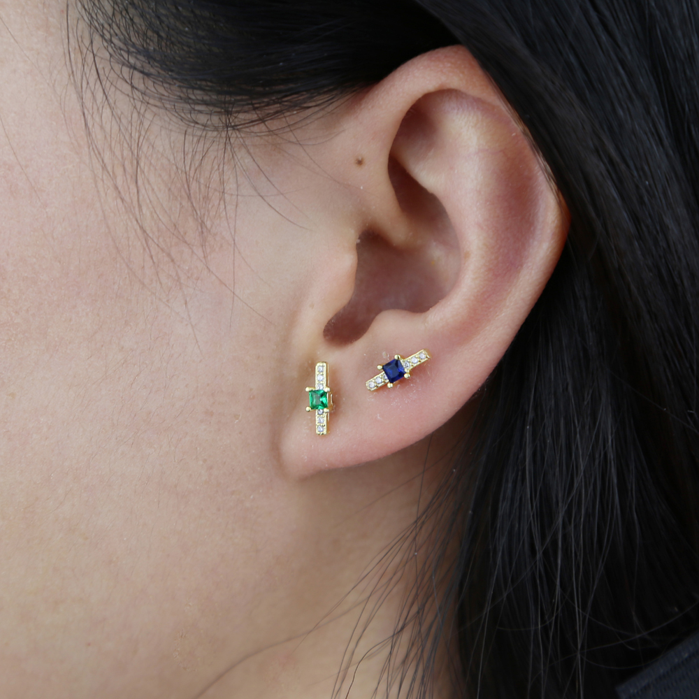 geometric gold plated 925 sterling silver women girl multi piercing jewelry colorful cz bar stud earring valenlines day gift