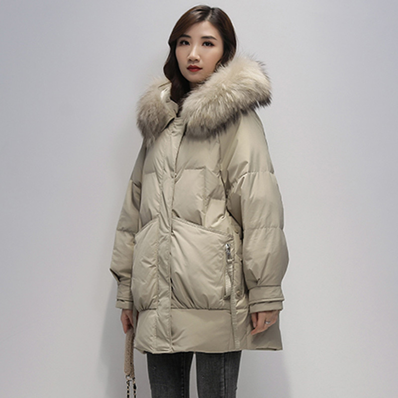 Janveny Women's Down Jacket Winter Large Natural Fox Fur Hooded Medium Long Female Feather Parkas 90% White Duck Coat 201019 B1