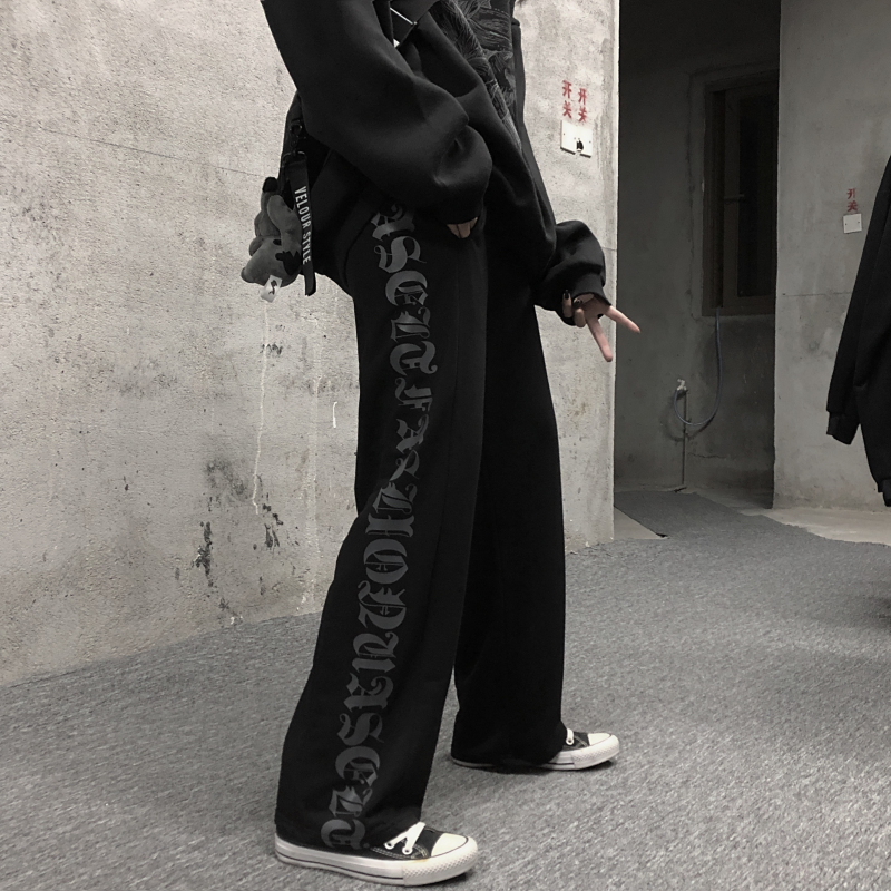 Black Casual Pants Women Men High Waist Loose Straight Wide Leg Pants Gothic Letter Print Korean Style Streetwear Trousers T200422