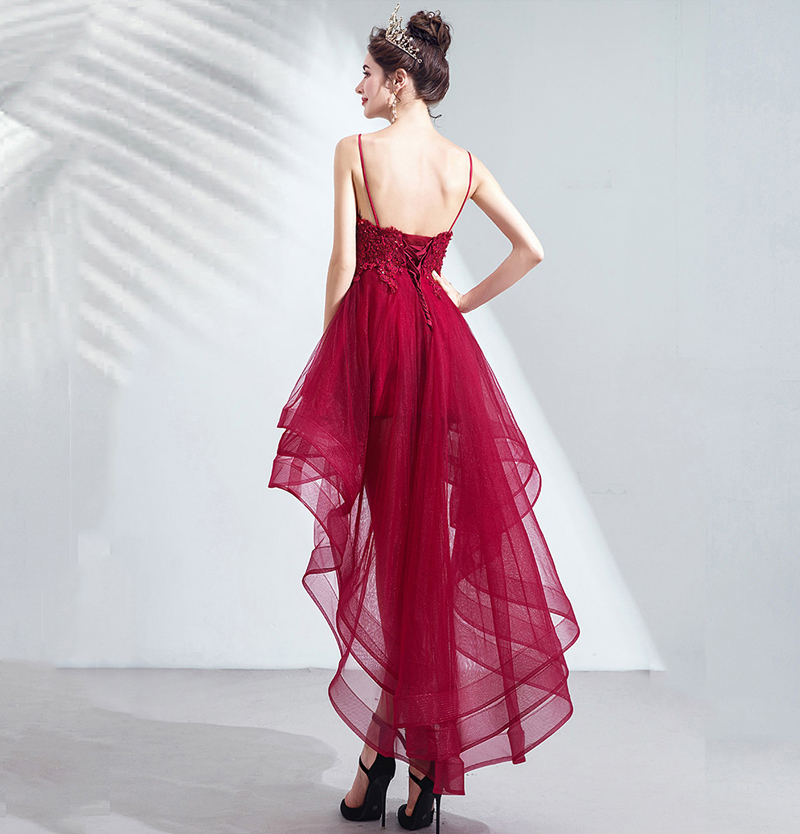 Lamya Lace Appliques High Low Evening Party Dresses V Neck Spaghetti Strap vestido de festa Short Front Long Back Fromal Gown 201114