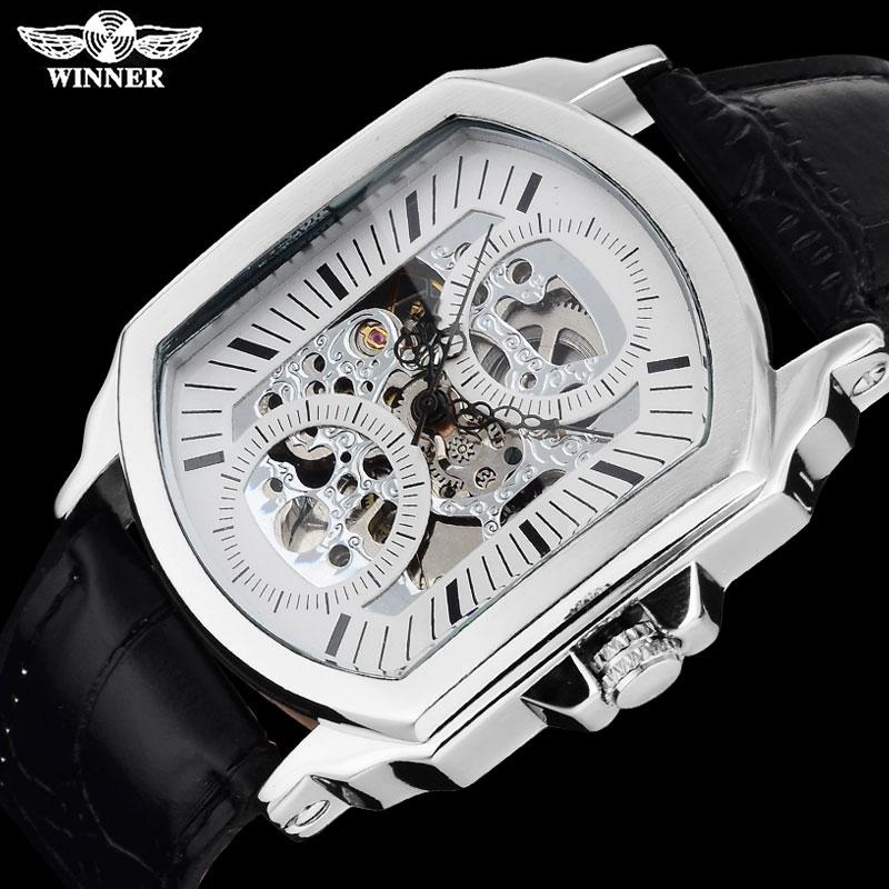 Wristwatches 2021 WINNER Men Luxury Automatic Self Wind Watch Skeleton Rectangle Dial Transparent Glass Silver Case Leather Band, White
Wristwatches 2021 WINNER Men Luxury Automatic Self Wind Watch Skeleton Rectangle Dial Transparent Glass Silver Case Leather Band, White